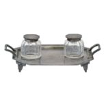 A Victorian silver inkstand,  on reeded feet with pair of silver mounted faceted glass inkwells,
