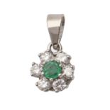 An emerald and diamond pendant, in white gold, cluster 7mm diam, marked 585, 0.8g Good condition