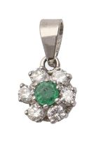 An emerald and diamond pendant, in white gold, cluster 7mm diam, marked 585, 0.8g Good condition