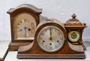 An oak Napoleon mantel clock, c. 1930, silvered dial with Arabic numerals, 42cm w, another two