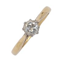 A diamond solitaire ring, with round brilliant cut diamond, in 18ct gold, 3.2g, size N Much old