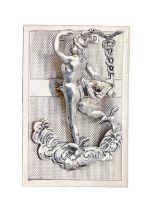 A silver coloured metal desk clip with the figure of Mercury, 95mm l, marks erased, 5ozs Good