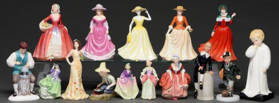 Fifteen Royal Doulton bone china figures, second half 20th c, various subjects, sizes and marks Good