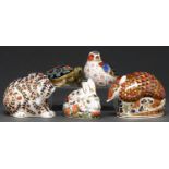 Five Royal Crown Derby paperweights, late 20th c, various subjects, various sizes, printed marks