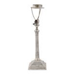 A Victorian silver column lamp, on stepped gadrooned foot,  drilled for electricity, 42cm h