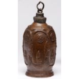 A Creussen flask, c1680-90, the six sided barrel shaped saltglazed brown stoneware vessel covered in