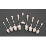 Seven George II - Victorian silver table and dessert spoons, a sauce ladle and a Scottish