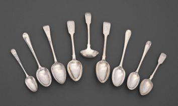 Seven George II - Victorian silver table and dessert spoons, a sauce ladle and a Scottish