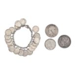 Silver coins. Crown, George III USA dollar 1903, half crown 1909 and a coin bracelet Condition