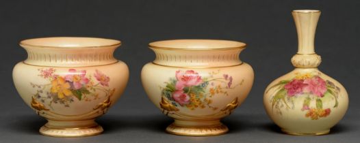 Two Royal Worcester fern pots and a vase, 1905, 1906 and 1910, printed and painted with flowers on a