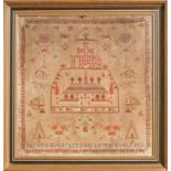 A William IV linen sampler, Sarah A M Barker... 1831, with an arc framing Solomon's Temple(?),
