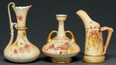 A Grainger's Worcester ewer and a Royal Worcester vase and tusk shaped jug, 1897, 1898 and 1902,