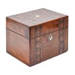 A Victorian walnut dressing case, inlaid with mother of pearl between coloured straw work bands,
