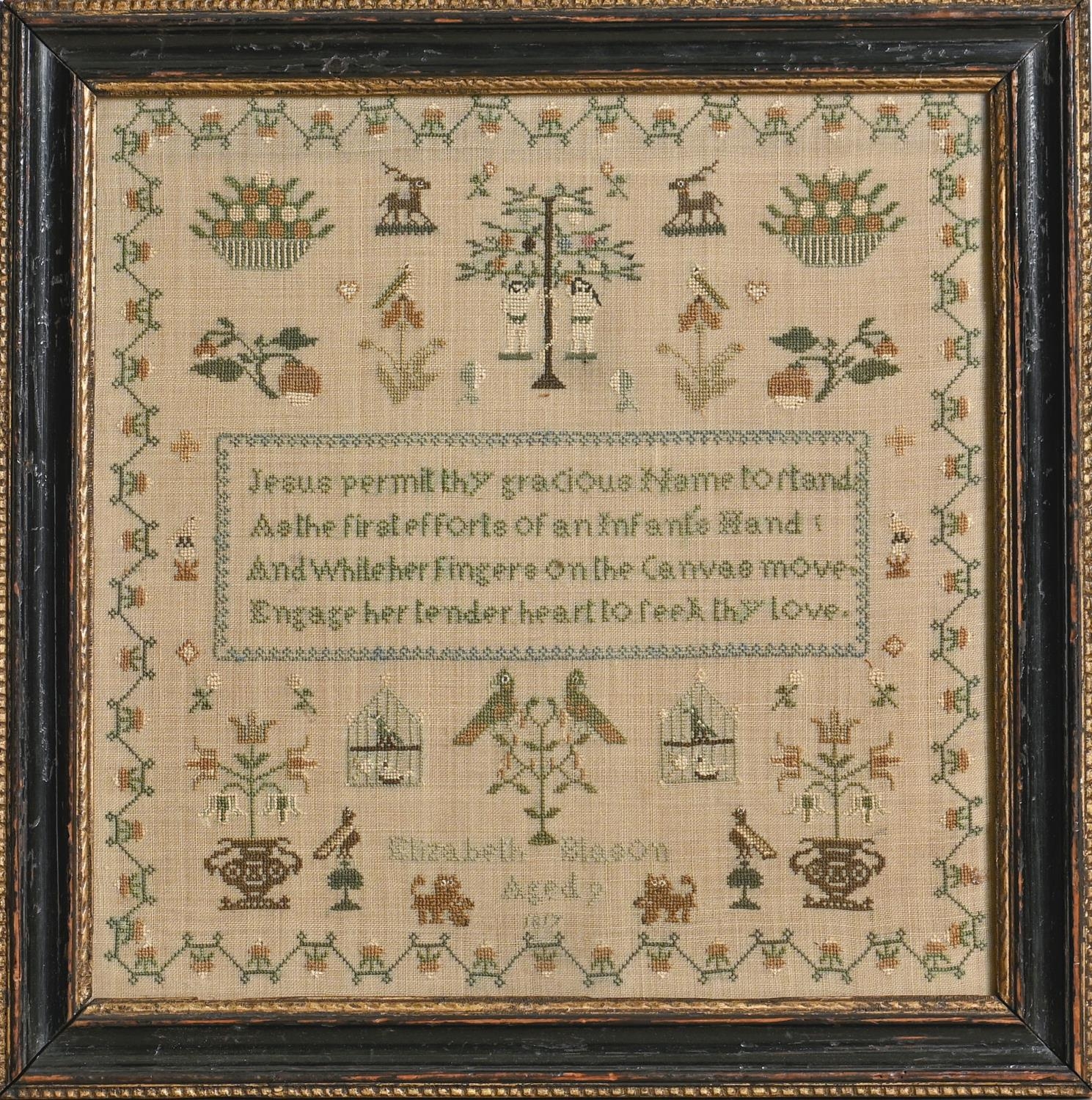 A George III linen sampler, Elizabeth Blason aged 9 1817, worked with Adam and Eve, deer, birds in