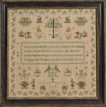 A George III linen sampler, Elizabeth Blason aged 9 1817, worked with Adam and Eve, deer, birds in