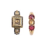 A Victorian gold and black enamel mourning ring, marked 18 and a ruby ring, in gold, 6.6g, size I, M