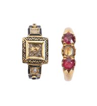A Victorian gold and black enamel mourning ring, marked 18 and a ruby ring, in gold, 6.6g, size I, M