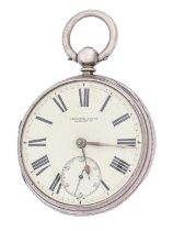 An English silver fusee lever watch, Griffiths Jones Caernarvon, 54mm diam, London 1877 Movement