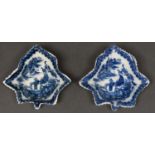 Two Caughley blue and white pickle leaf dishes, c1790, transfer printed with the Fisherman