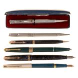 A double ended silver combination ballpoint pen and pencil, engine turned, by S J Rose & Son,