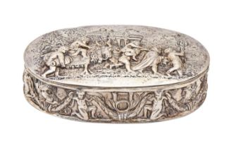 An oval Dutch silver trinket box, the lid and sides chased with a bacchanal, 15.5cm l, spurious 18th