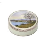 A Swiss silver and enamel box, early 20th c, the lid painted with a lake landscape, the border and