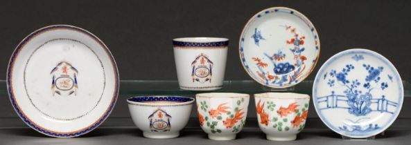 A Chinese export porcelain armorial trio, c1790, enamelled with a crest, initials and blue and