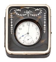 A George V silver inlaid tortoiseshell inset silver mounted leather watch case, 85 x 78mm, maker's