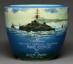 A rare Mintons commemorative earthenware jardiniere, 1911, painted in the impasto  manner by R Dean,