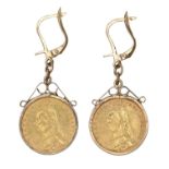 Gold coins. Half sovereign 1887, mounted as gold earrings, 10g As pieces of jewellery, in good