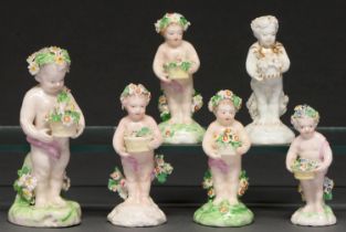 Six Derby figures of a child in a chaplet with a basket of flowers, late 18th c, all but