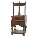 A Dutch oak, inlaid and iron book press, early 17th c,  dated ANNO 1620, on later stand with drawer,
