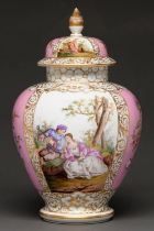 A German porcelain jar and cover, early 20th c, painted with lovers alternating with pink ground