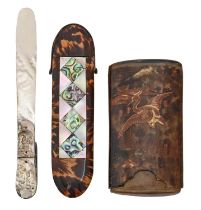 A Victorian tortoiseshell, mother of pearl and abalone spectacle case, 15.5cm, a Victorian mother of