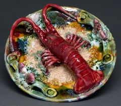 A Continental Palissy Ware majolica lobster dish, 20th c, 26cm diam Good condition