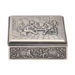 A Dutch silver cigarette box, second half 20th c, the lid stamped with a 'Teniers' scene, cedar