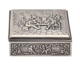 A Dutch silver cigarette box, second half 20th c, the lid stamped with a 'Teniers' scene, cedar