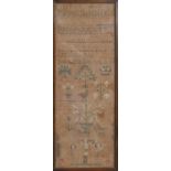 A linen sampler, early 19th c, worked with the crucifixion, birds and other motifs beneath