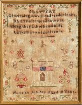 An early Victorian linen sampler, Harriet Sealous aged 10 years, worked with portico, birds, bees,