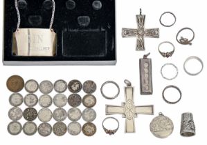 Miscellaneous silver articles, to include two pectoral crosses, a bar pendant, locket, Concorde