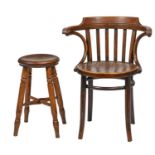 A Victorian ash four-legged stool, with round elm seat, 51cm h and a Thonet bentwood elbow chair,