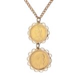 Gold coins. Sovereign 1910 and Half sovereign 1887, gold mounts, suspended from a gold necklace