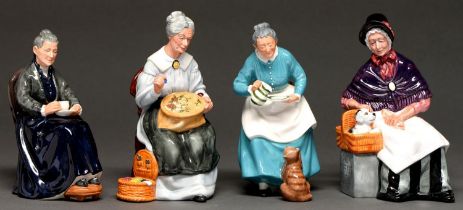 Four Royal Doulton earthenware figures, late 20th c, comprising Embroidering, The Cup of Tea, The