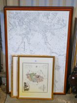 Three  prints of Ordnance Survey maps of Nottinghamshire scenes, 60 x 101cm, further local maps,
