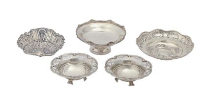 Two and a pair of George V silver sweetmeat dishes and a Continental silver butter shell, various