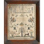 A Victorian linen sampler, Fanny Collins December 1853, worked with deer and hound, birds in