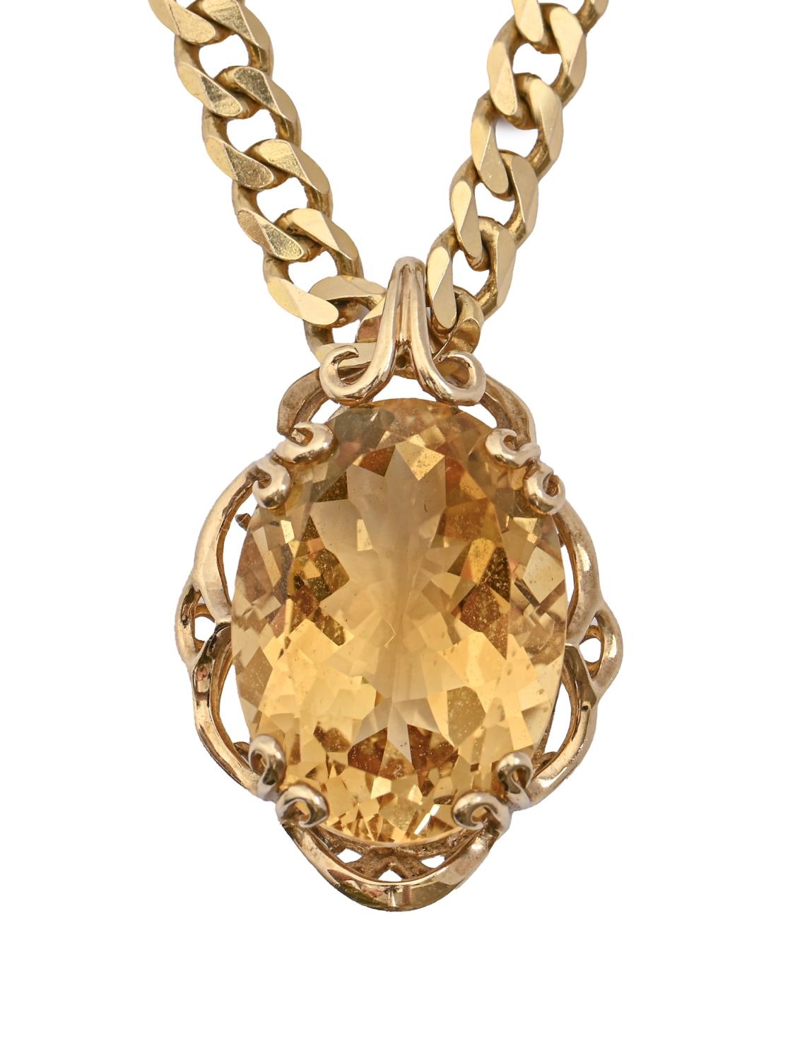 A citrine pendant, in gold, 29mm, marked 9k and a 9ct gold flat curb necklace, pendant 5.4g,