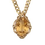 A citrine pendant, in gold, 29mm, marked 9k and a 9ct gold flat curb necklace, pendant 5.4g,