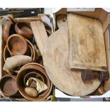 Kitchenalia. A collection of bygones, 19th c and later, including chopping boards, bowls, etc