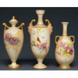 Two Royal Worcester vases and a vase and cover, 1901, 1903 and 1910, similarly printed and painted